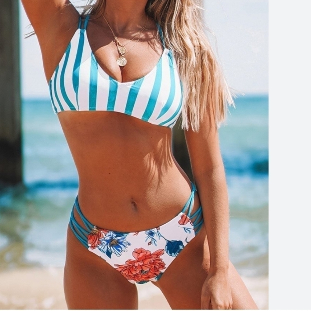 Stripe and Floral Strappy High-Waisted Bikini